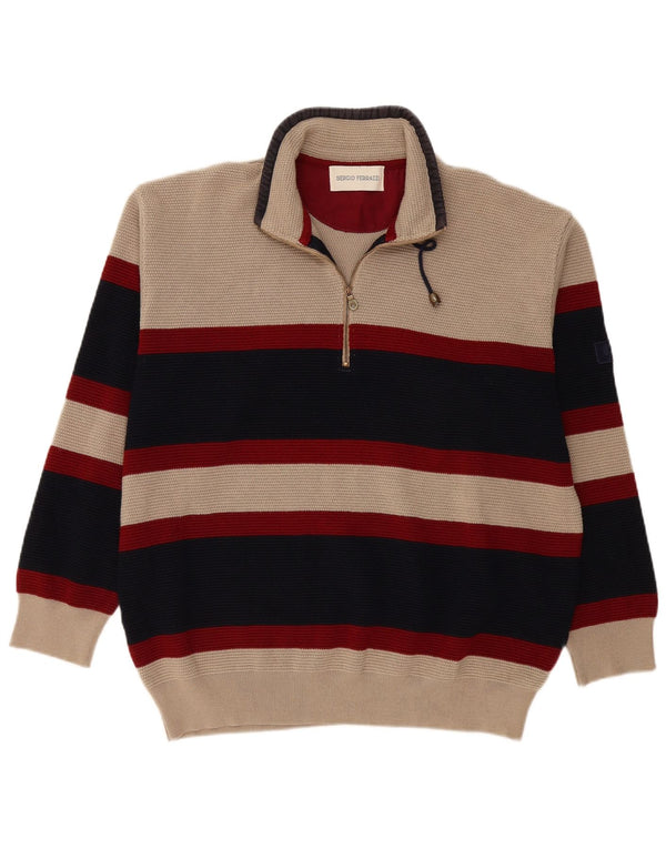 Vintage Herre Zip Neck Jumper Sweater IT 56 2XL Beige Colourblock