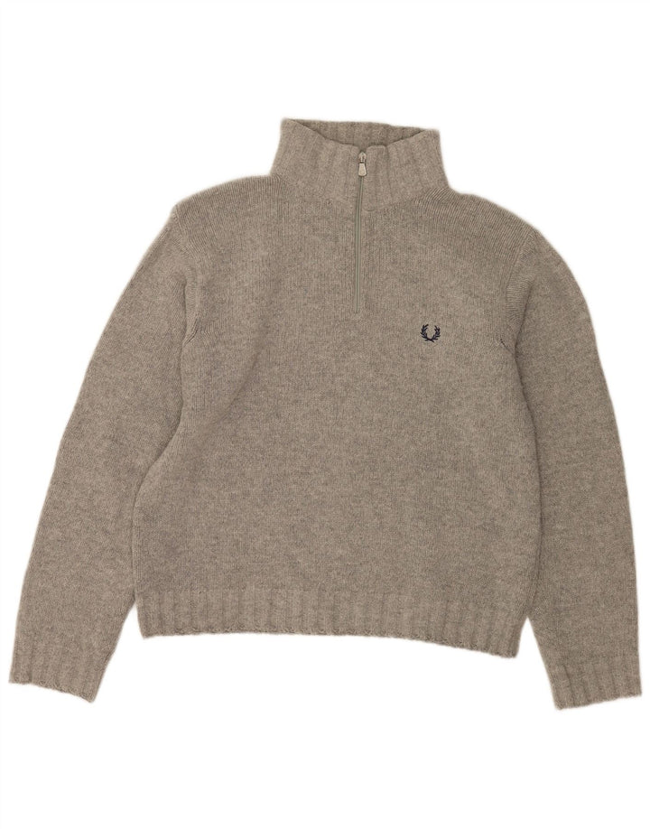 Fred Perry Dame Zip Neck Jumper Sweater UK 18 XL Grå lammeuld