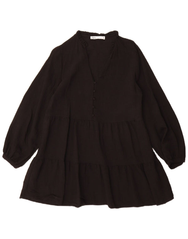 Zara Dame Langærmet Tiered Dress UK 10 Small Black Viscose