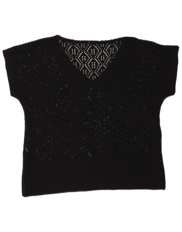 Vintage kvinders kortærmet hæklet V-hals sweater UK 16 Large Black
