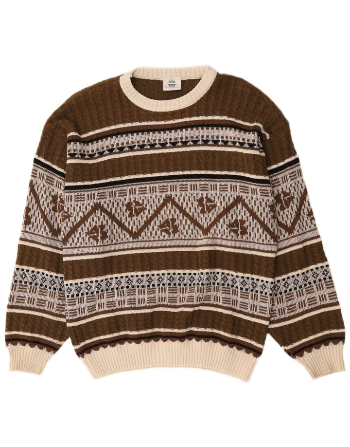 Ny Hurtig Herre Boat Neck Jumper Sweater Medium Brown Fair Isle