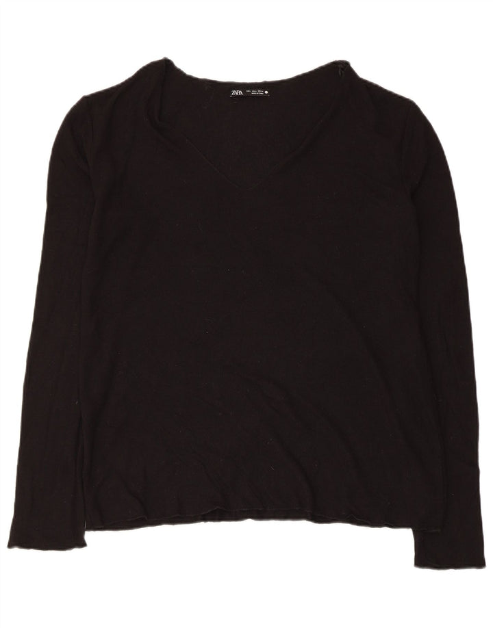 ZARA Dame V-hals sweater UK 16 Stor Sort Viscose