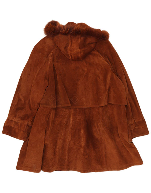 Vintage Dame Oversized Hætte Ruskind Overfrakke IT 44 Medium Brun Læder