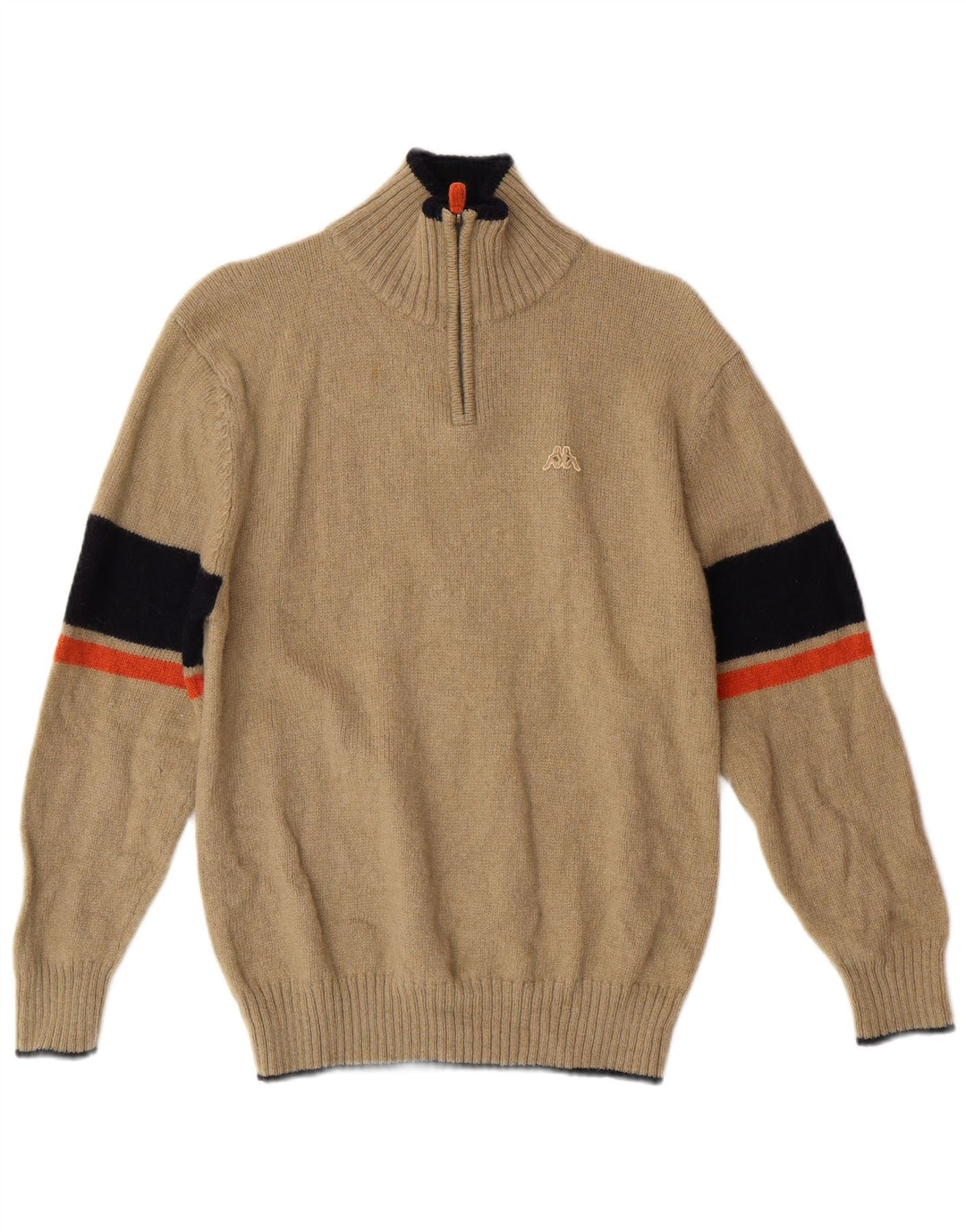 Kappa Dame Zip Neck Jumper Sweater Medium Beige Stribet Uld Klassisk