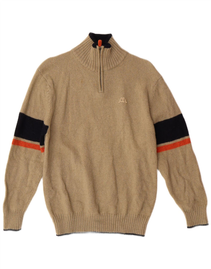 Kappa Dame Zip Neck Jumper Sweater Medium Beige Stribet Uld Klassisk