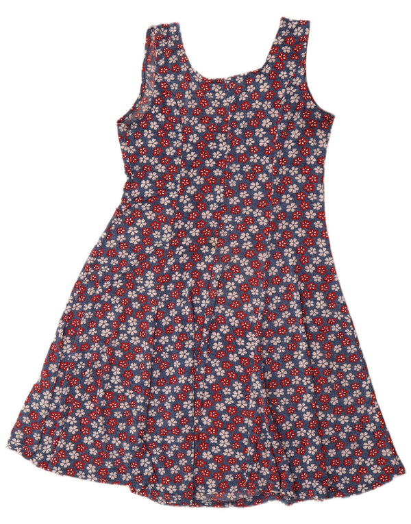 Vintage Kvinders Ærmeløs A-Line Kjole UK 14 Medium Blue Floral Polyester