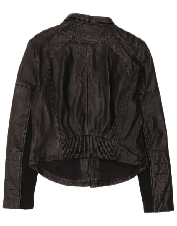 Zara Womens Crop Læder Biker Jacket UK 18 XL Sort lammeskind