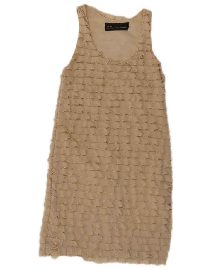 Zara Dame Ærmeløs Tiered Dress UK 8 Small Beige Polyester