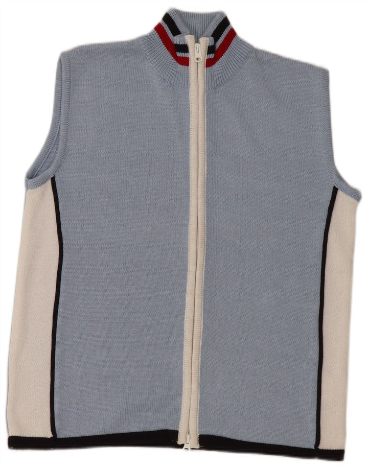 VINTAGE Dame ærmeløs cardigan sweater UK 16 Large Blue Colourblock