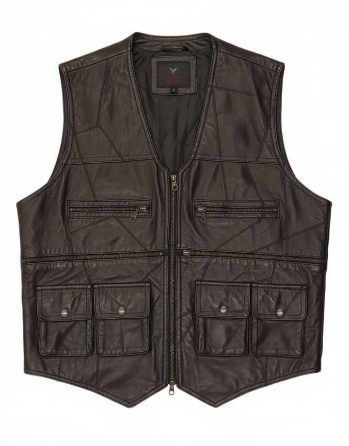 Vintage Herre Læder Utility Gilet UK 38 Medium Black Patchwork