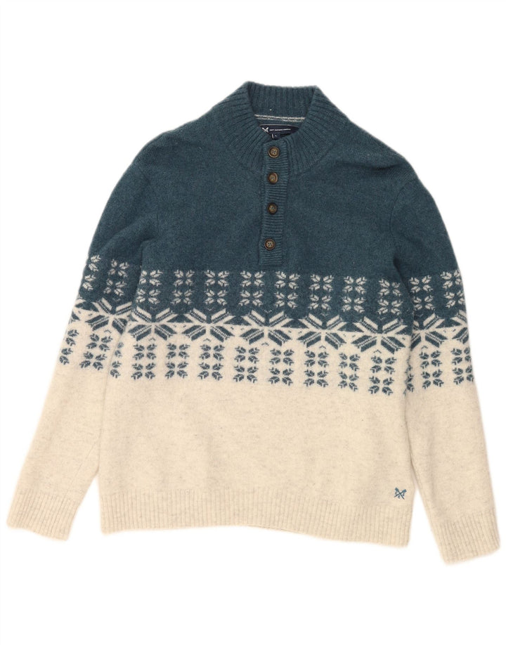 CREW TØJ Herre Button Neck Jumper Sweater Large Blue Fair Isle