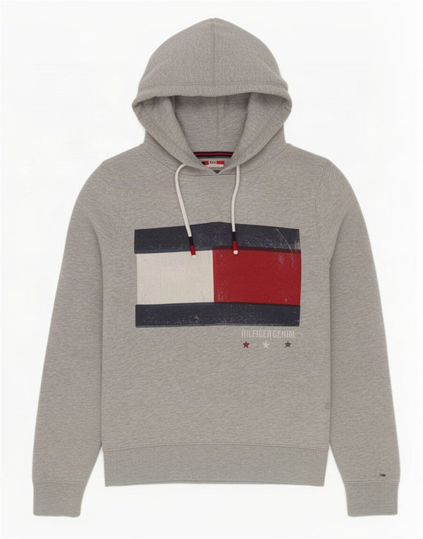 Tommy Hilfiger Womens Graphic Hoodie Jumper UK 14 Medium Grey Flecked