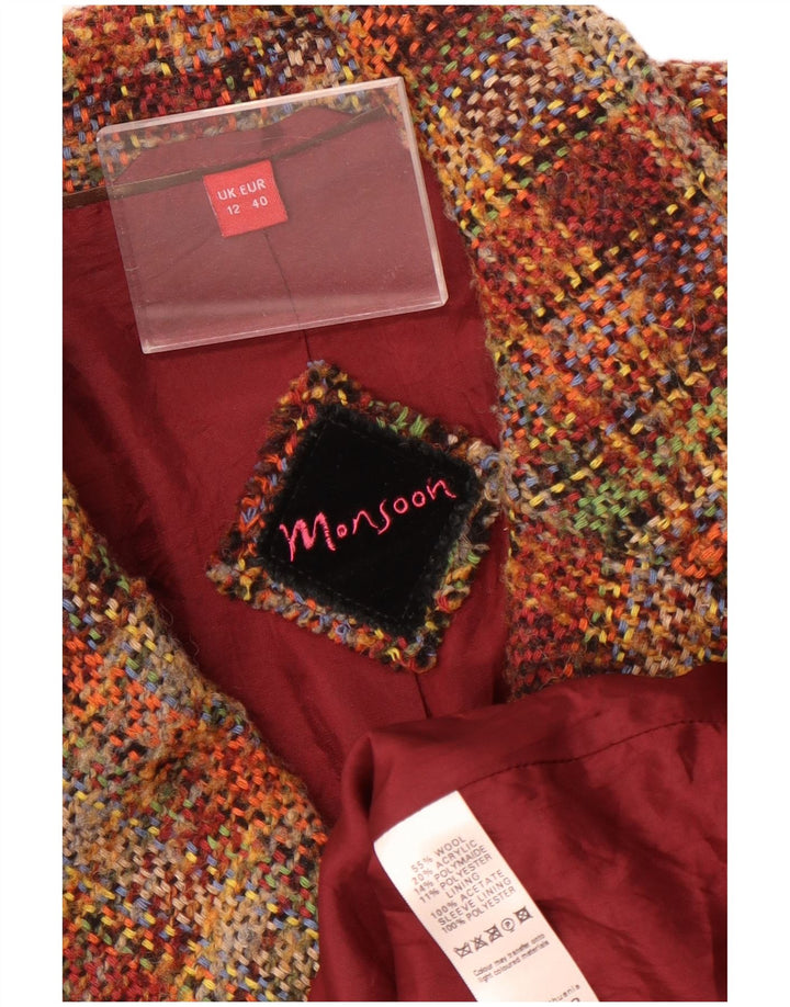 Monsoon Dame 1 Knap Blazer Jakke UK 12 Medium Brun Ternet Uld
