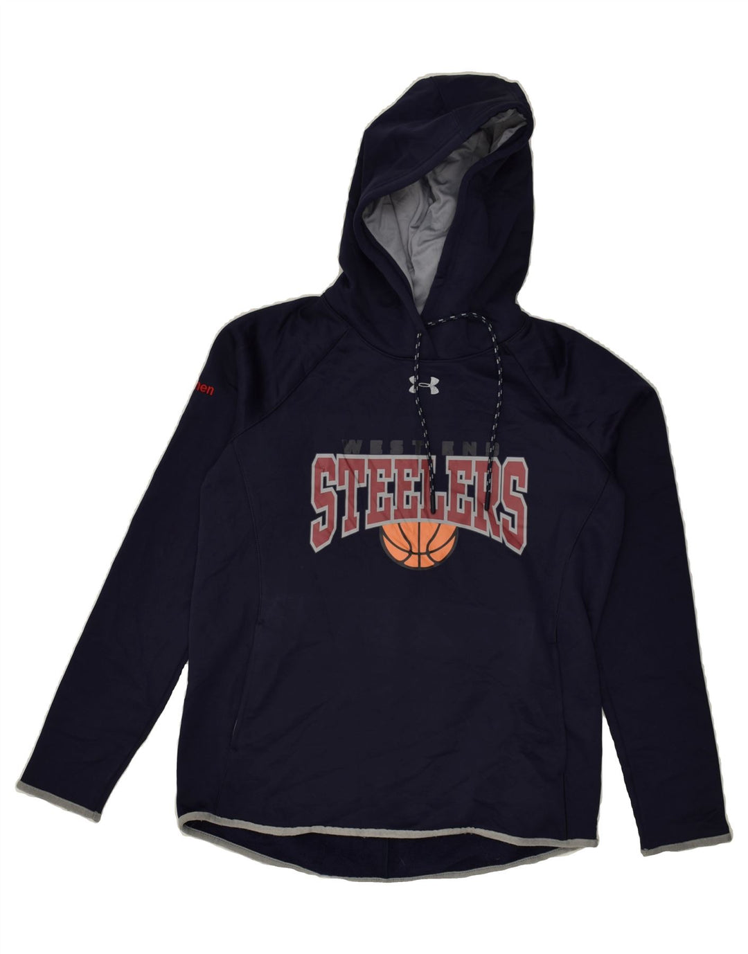 UNDER ARMOUR Mens Graphic Hoodie Jumper Small Navy Blue Polyester | Vintage Under Armour | Thrift | Second-Hand Under Armour | Used Clothing | Messina Hembry 