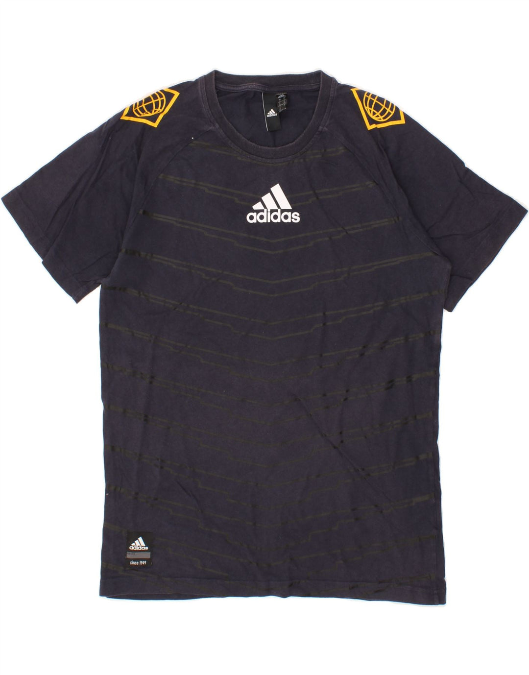 ADIDAS Mens Graphic T-Shirt Top Small Navy Blue Striped Vintage Adidas and Second-Hand Adidas from Messina Hembry 