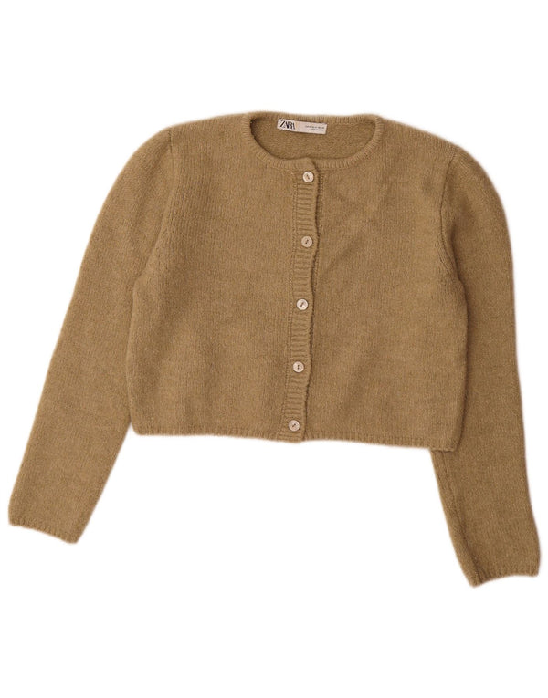 Zara Womens Crop Cardigan Sweater UK 10 Small Khaki Acryl
