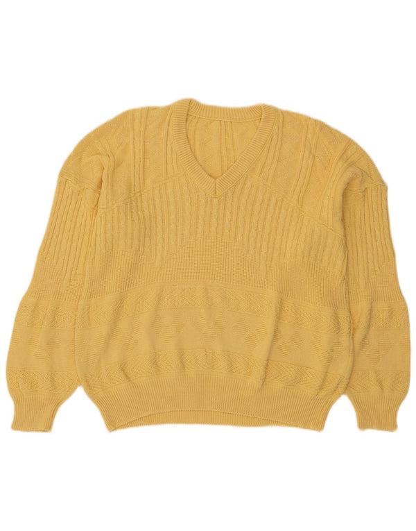 Vintage Dame Oversized V-hals sweater UK 14 Medium Gul Bomuld