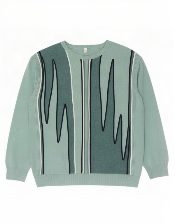 Vintage Herre Boat Neck Jumper Sweater Stor Grøn Colourblock Bomuld