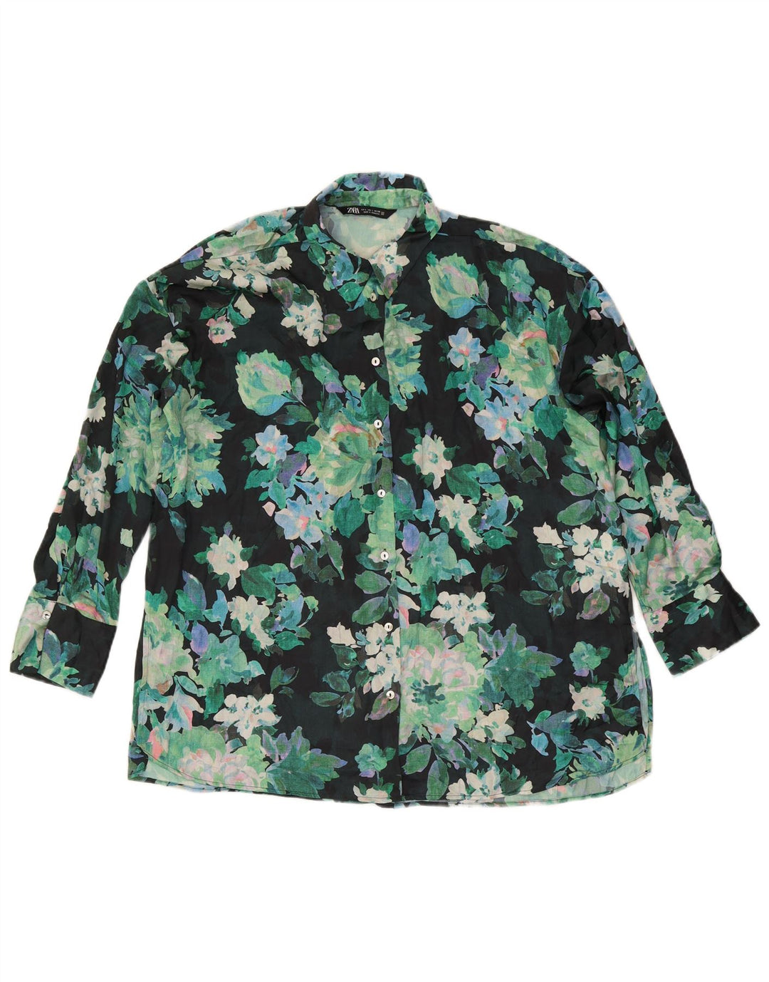 Zara Dame Oversized Shirt Bluse UK 16 Large Green Floral Polyester