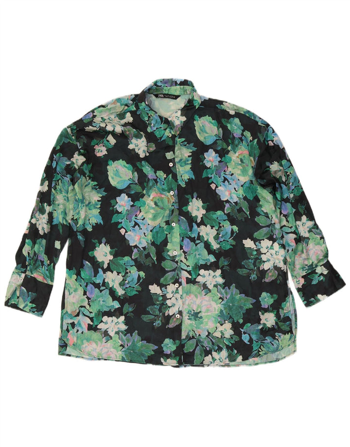 Zara Dame Oversized Shirt Bluse UK 16 Large Green Floral Polyester