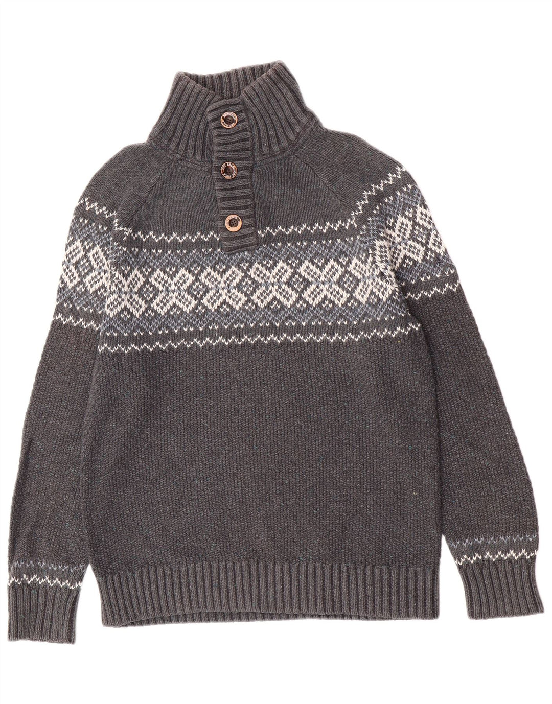 Fat Face Herre Button Neck Jumper Sweater Medium Grey Fair Isle Classic