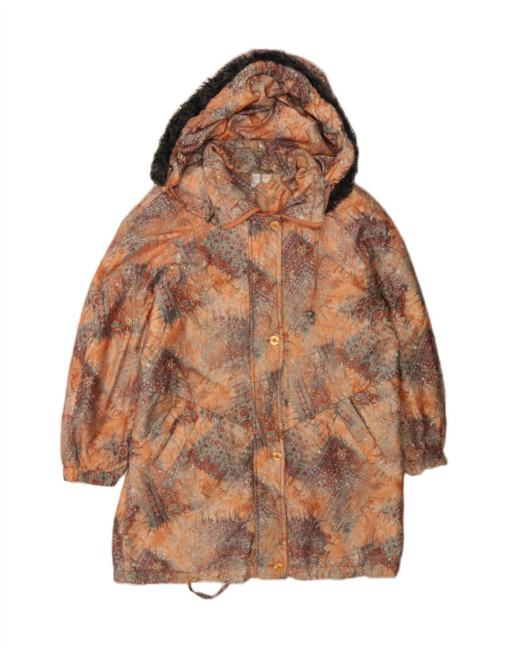 VINTAGE Womens Abstract Pattern Hooded Overcoat UK 18 XL Brown Polyester Vintage Vintage and Second-Hand Vintage from Messina Hembry 
