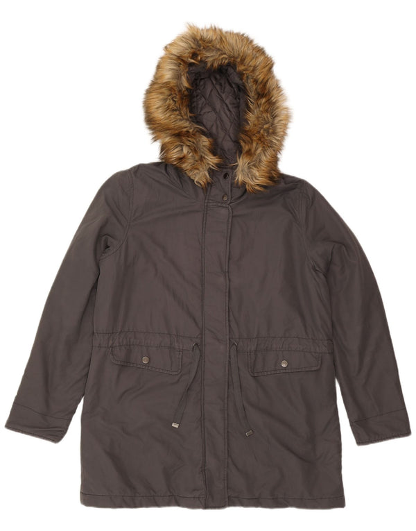 Benetton Dame Hooded Parka Jacket UK 40 Stor Grå Bomuld
