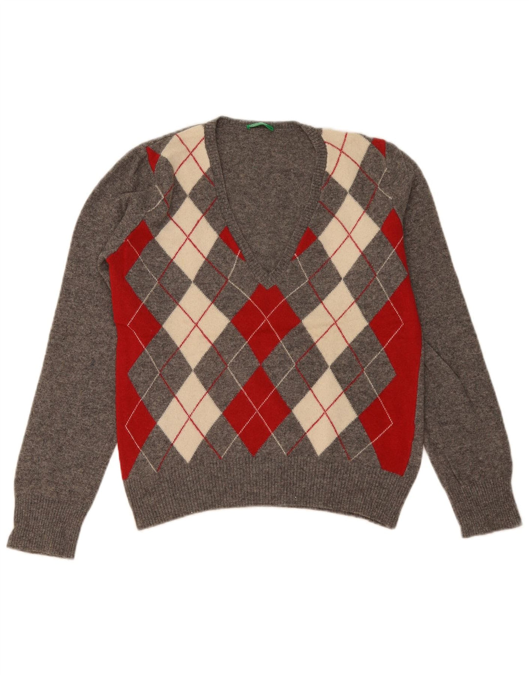 Benetton Dame V-hals sweater UK 14 Large Grey Argyle/Diamond Wool