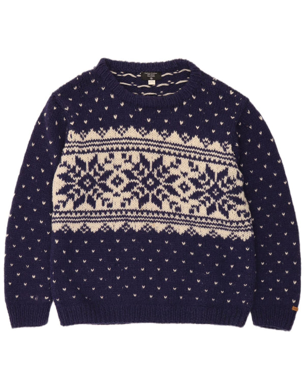 Vintage Herre Boat Neck Jumper Sweater Large Navy Blue Fair Isle Wool
