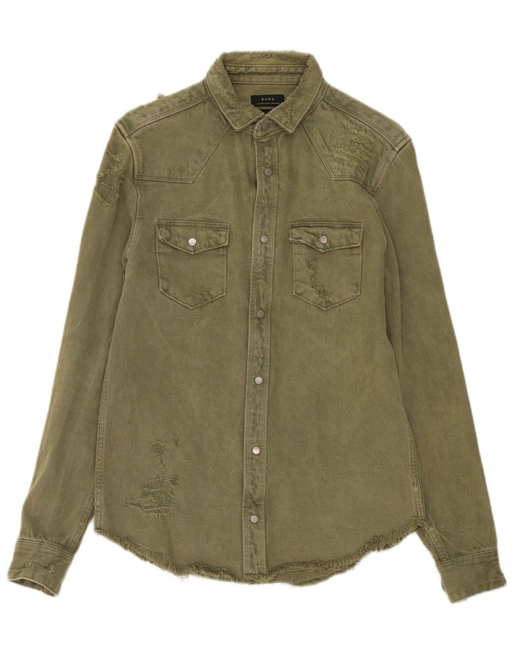 ZARA Herre Distressed Relaxed Fit denimskjorte, lille Khaki Bomuld