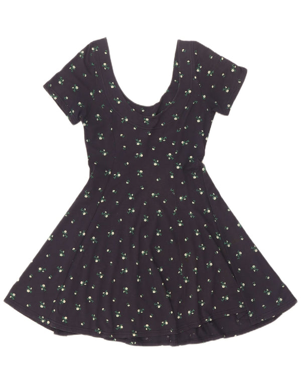 Vintage Dame A-Line Kjole UK 4 XS Navy Blue Floral Bomuld