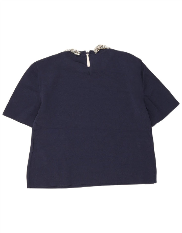 Zara Womens Crop Bluse Top UK 12 Medium Navy Blue Viscose