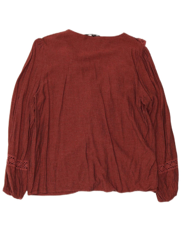 Zara Dame Flæse Front Langærmet Bluse Top UK 12 Medium Maroon