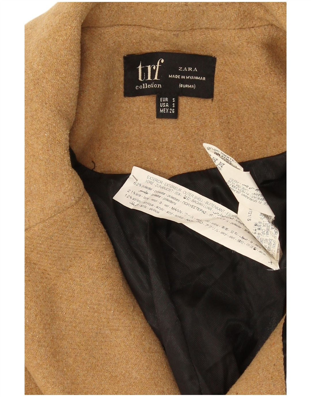 Zara Dame Oversized Dobbeltradet Frakke UK 10 Small Beige Polyester