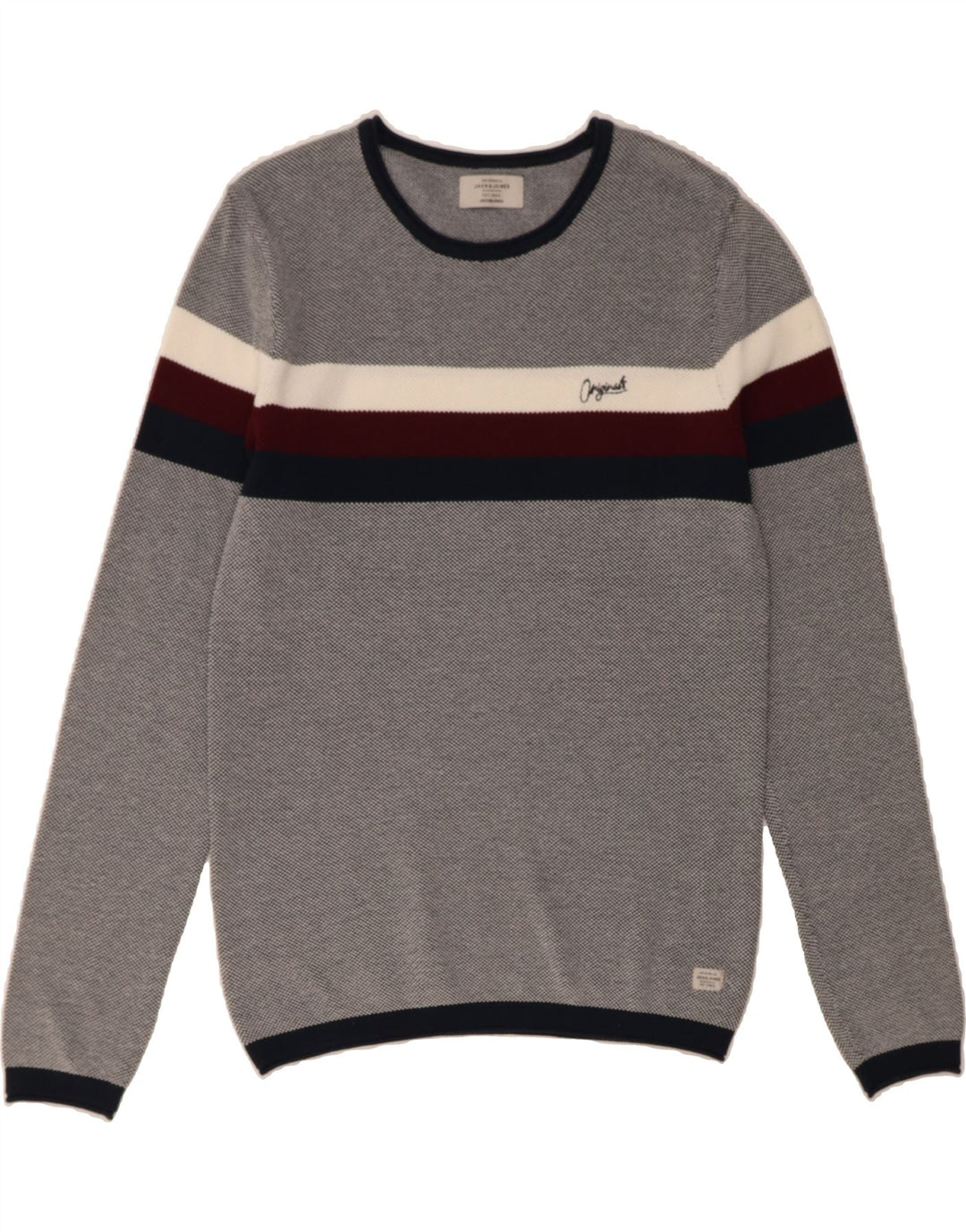 JACK & JONES Mens Boat Neck Jumper Sweater Medium Grey Striped Cotton Vintage Jack & Jones and Second-Hand Jack & Jones from Messina Hembry 