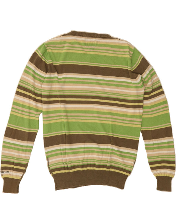 LEE Mens V-Neck Jumper Sweater Large Green Striped Cotton
