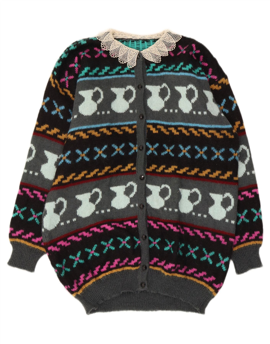 Vintage kvinders abstrakt mønster cardigan sweater UK 10 Small Multicolored