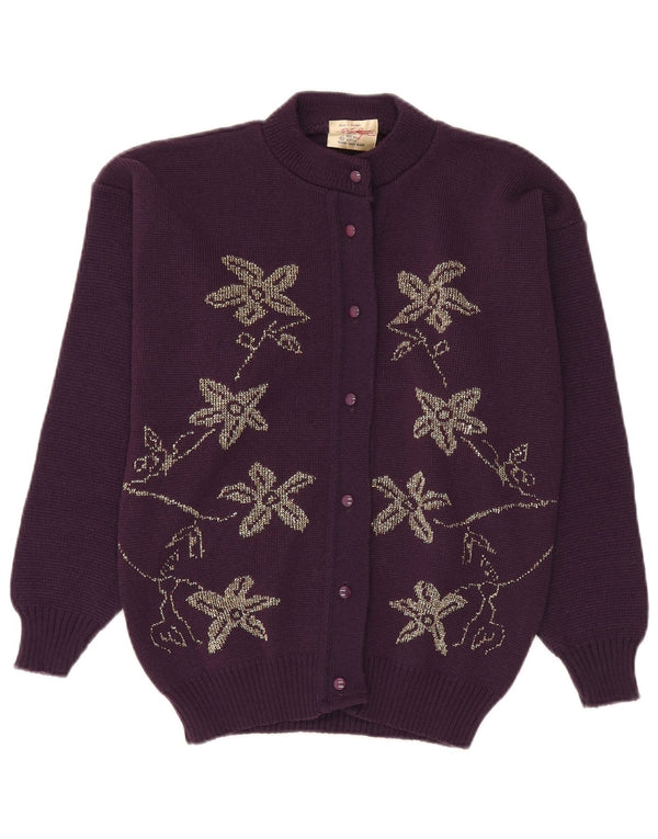 Vintage Dame Cardigan Sweater UK 14 Large Purple Floral Acryl