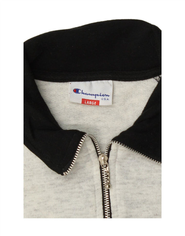 CHAMPION Mens Graphic Zip Neck Sweatshirt Jumper Large Grey Cotton