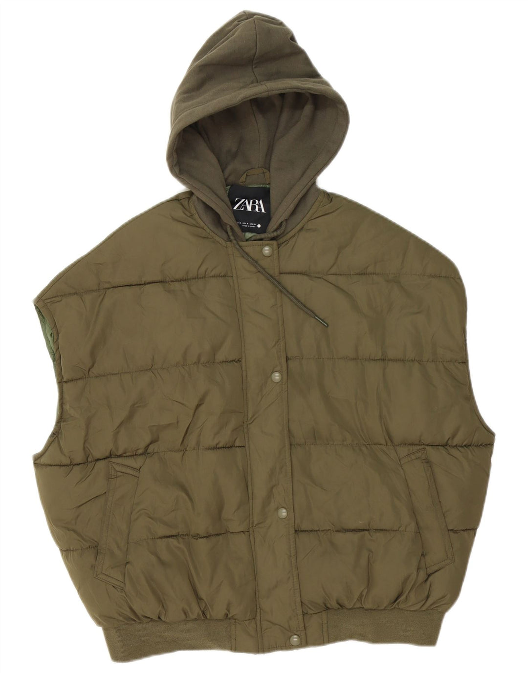 Zara Dame Hætte Oversized Polstret Gilet UK 10 Small Khaki Polyester