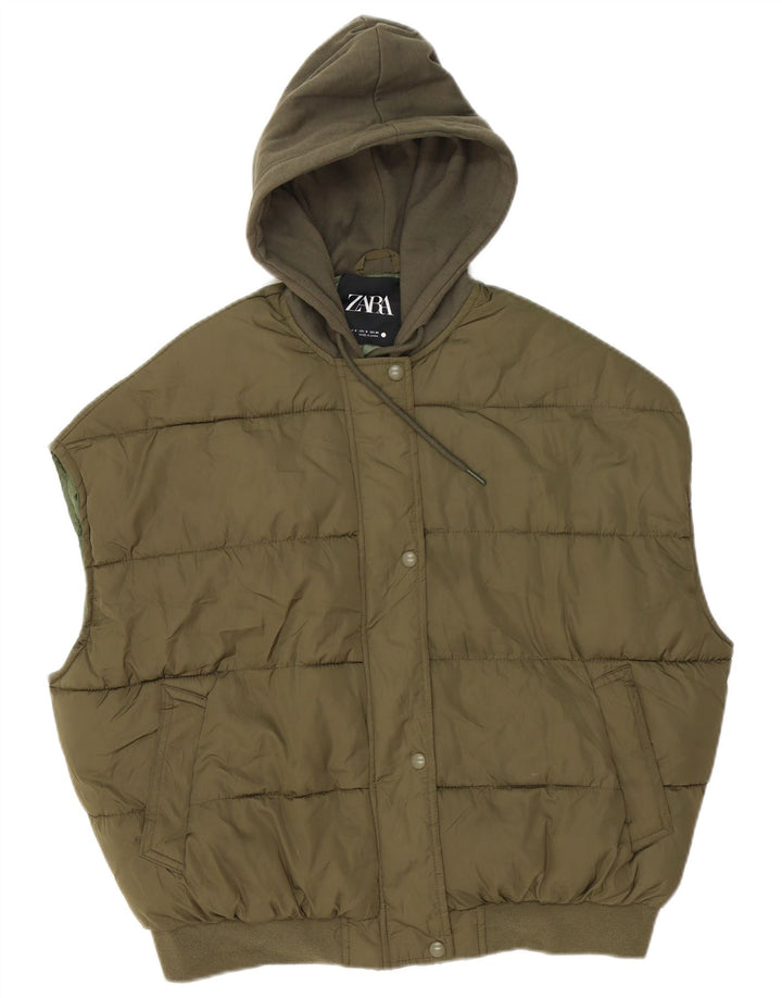 Zara Dame Hætte Oversized Polstret Gilet UK 10 Small Khaki Polyester