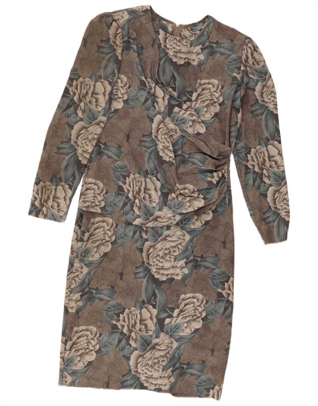 Vintage Dame Langærmet Skede Kjole UK 12 Medium Grey Floral Polyester