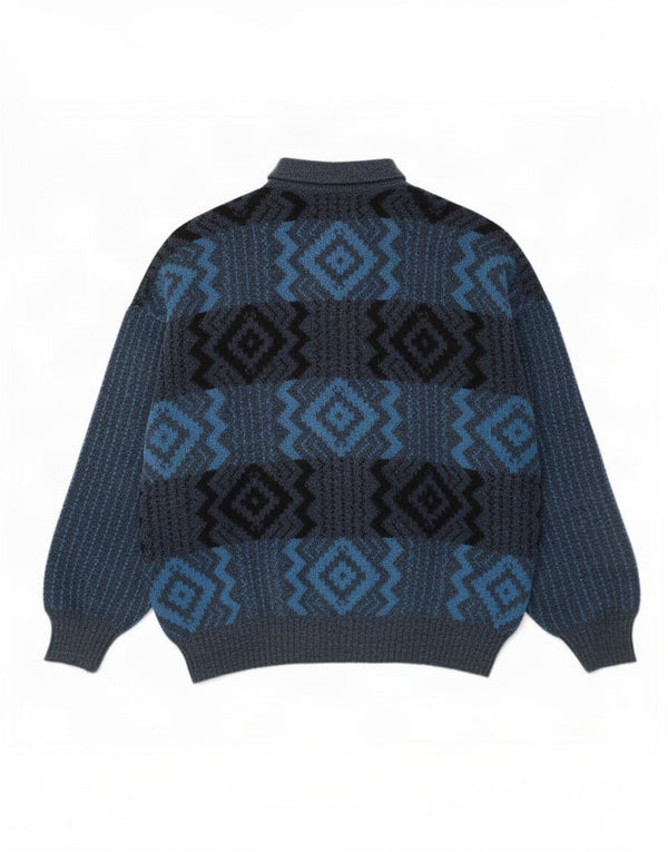 Vintage Mens Polo Neck Jumper Sweater Large Navy Blue Geometric Wool