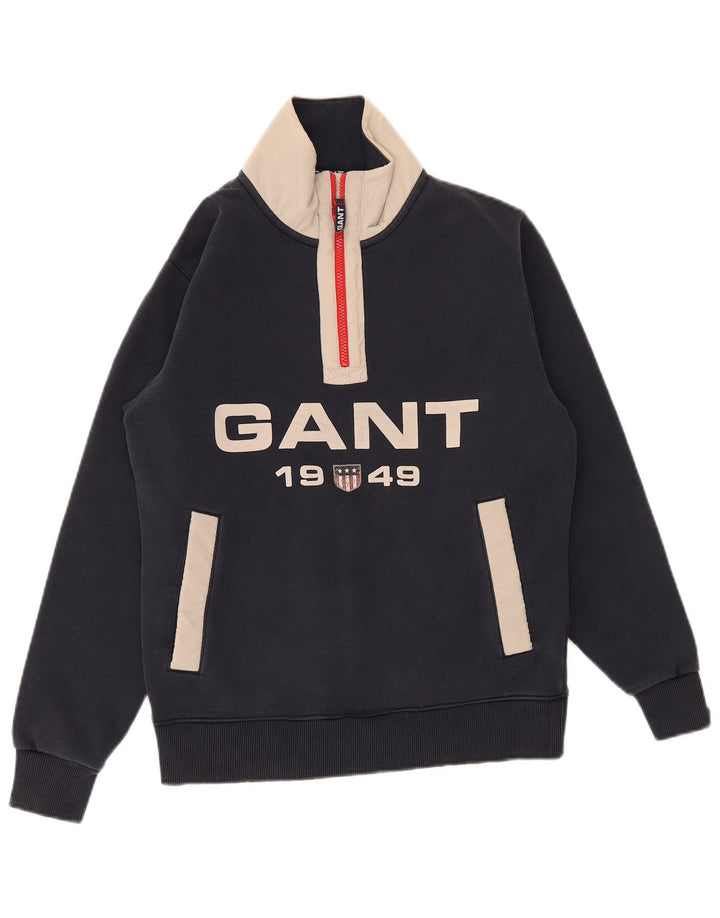 Gant Herre Grafisk Zip Neck Sweatshirt Jumper Small Navy Blue Colourblock