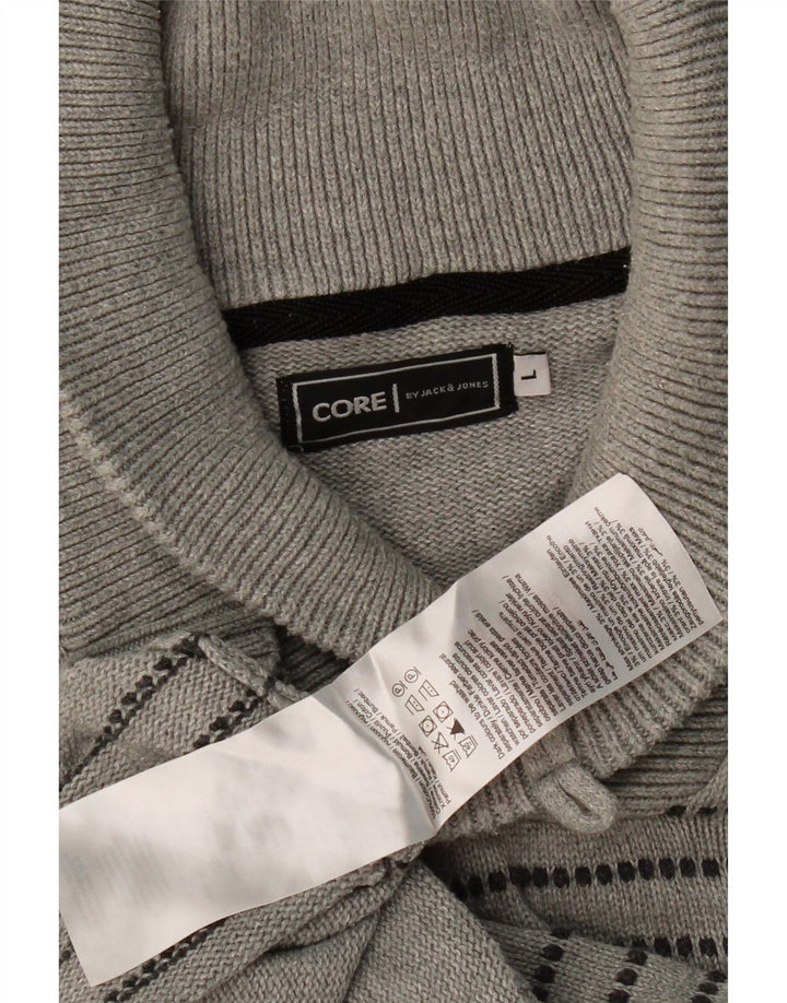 JACK & JONES Mens Shawl Neck Jumper Sweater Large Grey Striped Cotton
