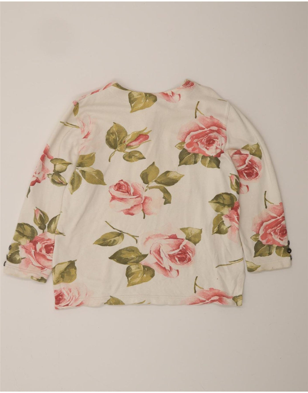 VINTAGE Dame Top Langærmet UK 16 Large Off White Blomsterbomuld