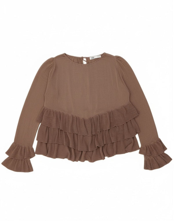 Zara Dame Oversized Langærmet Bluse Top UK 10 Small Brown Colourblock