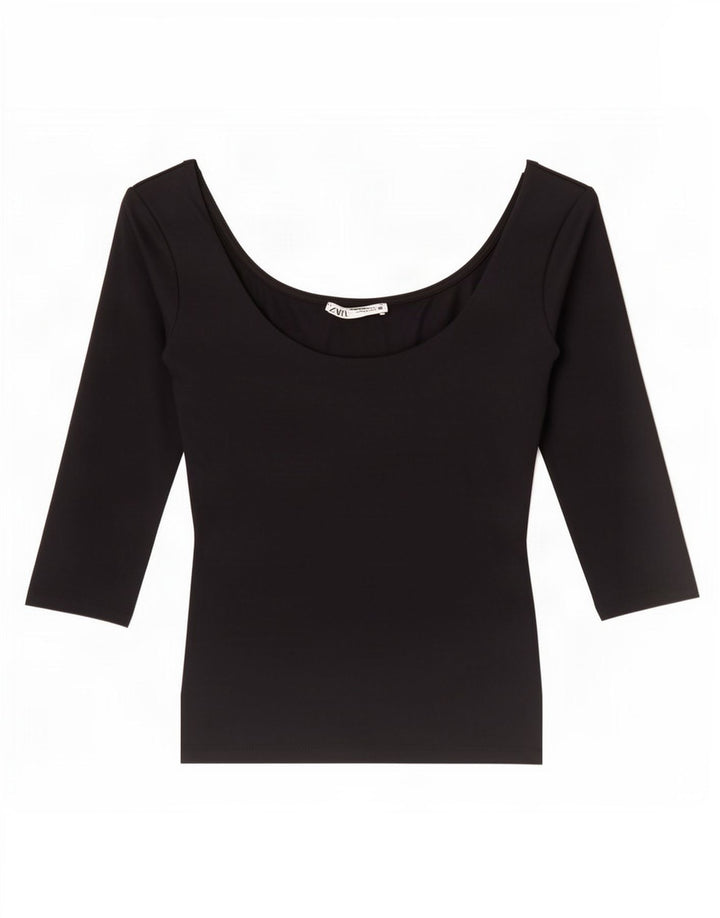 Zara Womens Crop Off Shoulder Top 3/4 ærme UK 8 Lille sort polyamid