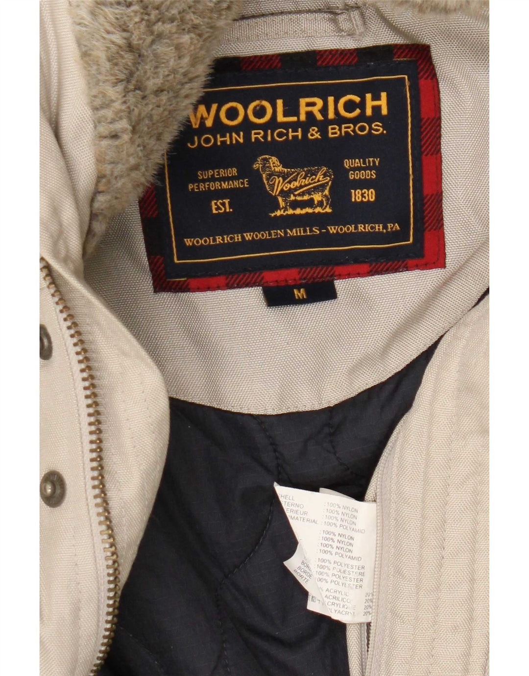 Woolrich Herre Hooded Bomber Jacket UK 38 Medium Beige Nylon