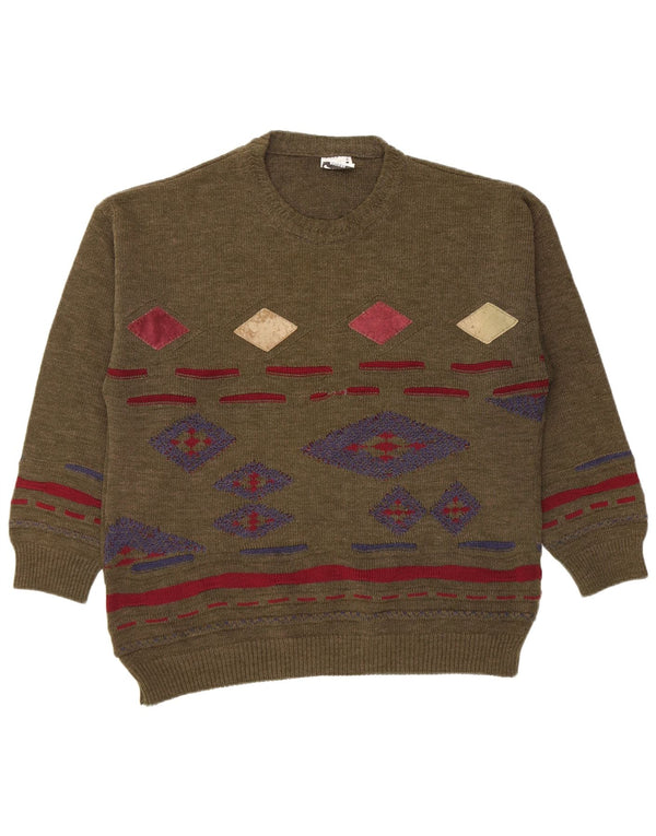 Vintage Mens Crew Neck Jumper Sweater Medium Khaki Argyle/Diamond